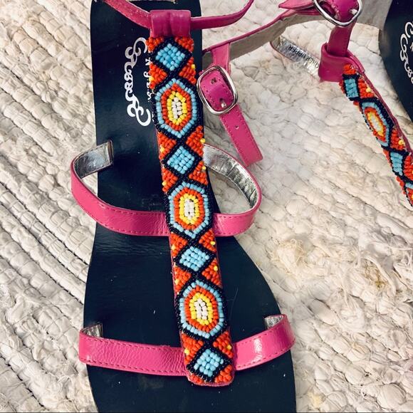 NEW PINK LEATHER BEADED LEATHER GLADIATOR WEDGE SANDALS 7.5 - Picture 2 of 13